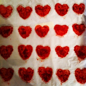 I work at a bakery and we are starting to work on some new ideas for our Valentine's Day treats. This is the wax paper that Red Velvet Whoopie Pie hearts were on. It's the little things.